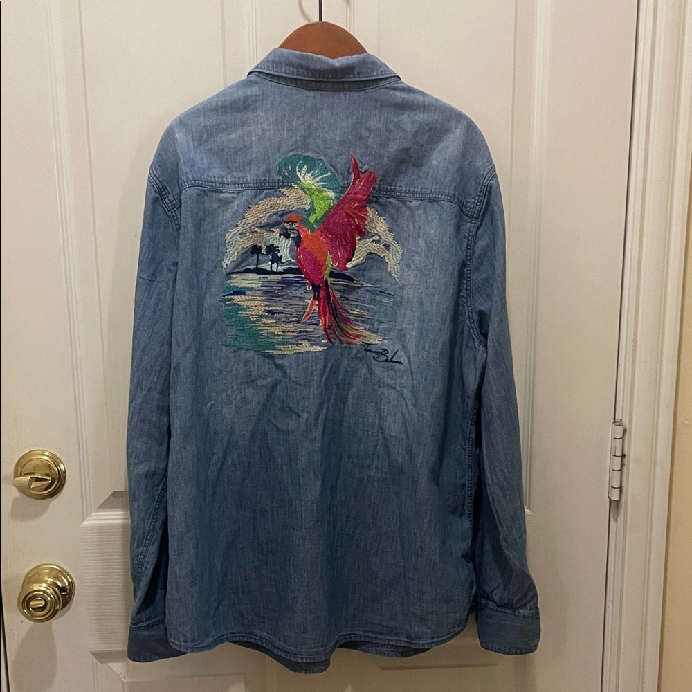 Unique Tommy Bahama Denim Shirt with Colorful Bird Embroidery